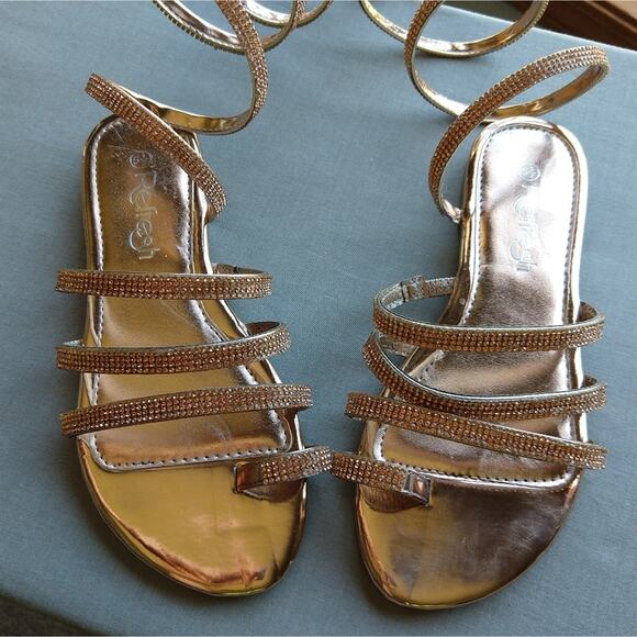 Rose Gold Gladiator Sandals size 5.5 new with imperfections spiral no tie flats - Picture 2 of 15